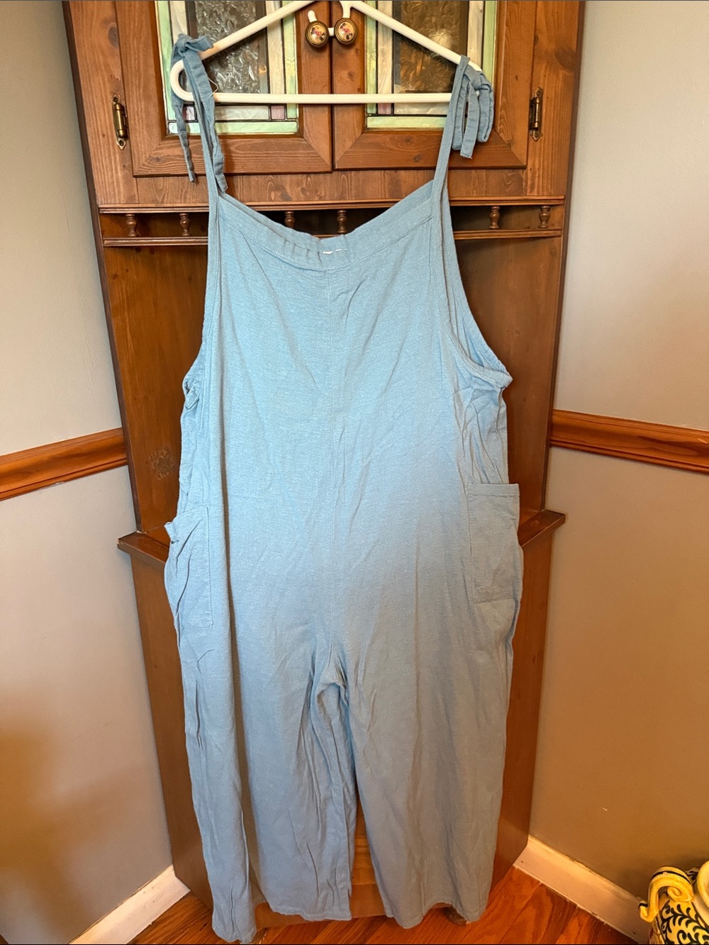 Hunter & Brown Linen Blend Tie-Strap Wide-Leg Jumpsuit Overalls Light Blue XL